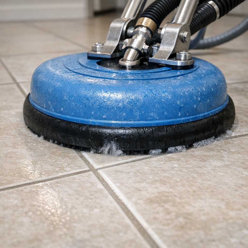 tile & grout cleaning machine on tiled floor, clear grout lines